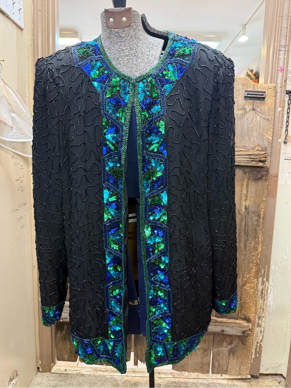 Laurence Kazar Black Jacket with Blue and Green Sequin Trim